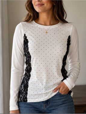 The Limited White Long Sleeve Polka Dot Top with Black Lace Trim